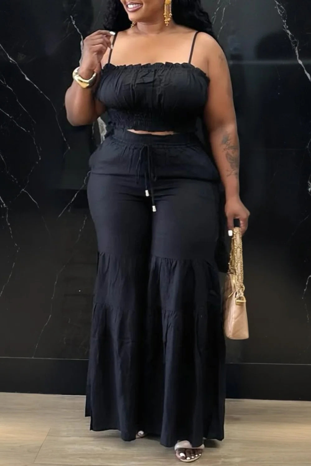 FZ Women's Plus Size Casual Smocking Two Piece Pants Suit