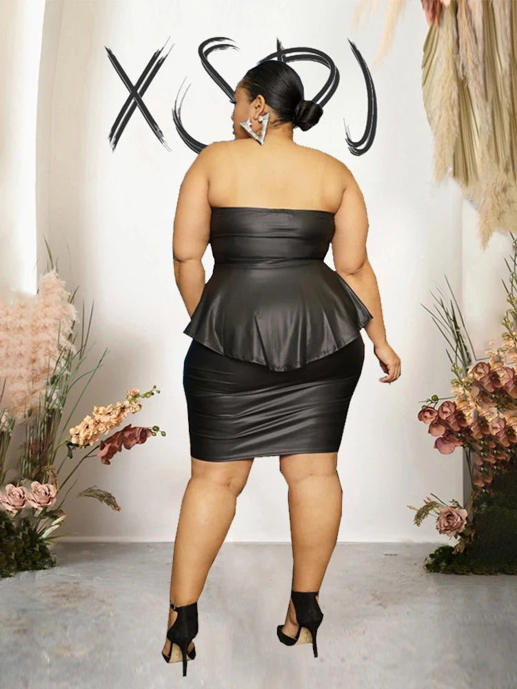 FZ Women's Plus Size Leather Pu Strapless 2 Pieces Skirt Suit