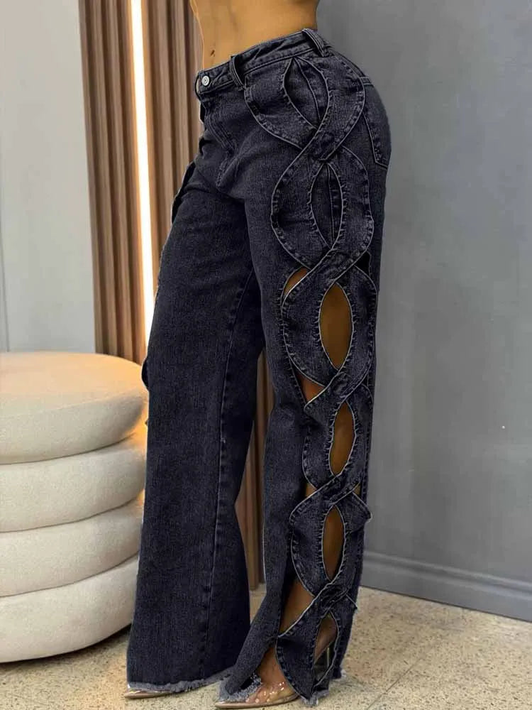 FZ Women's Hollow Out High Waist Side Cross Cutout Wide Leg Denim Pants