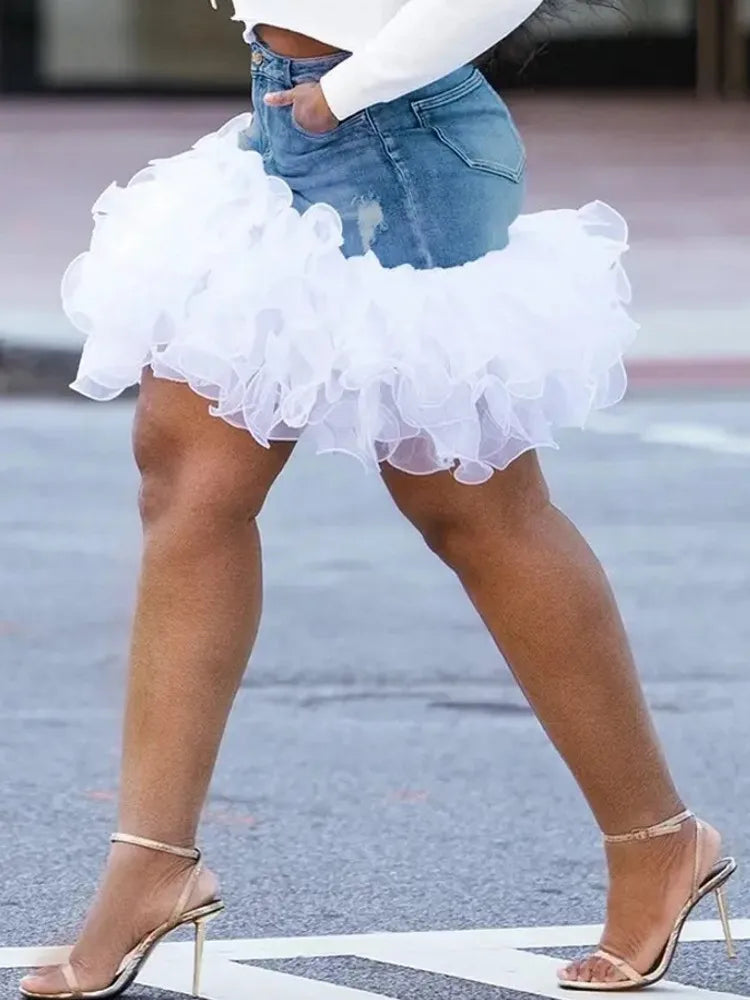 FZ Women's Ruffle Edge Cake Skirt Mini High-Waisted Denim Skirt