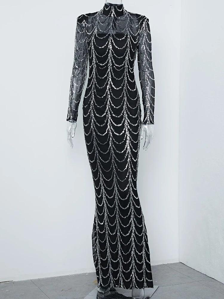 FZ Women's Luxury Mesh See-through Sequined Evening Dress - FZwear