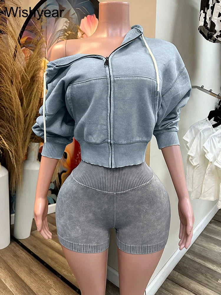 FZ Women's Vintage Wash Velvet Sweatshirt and Leggings 2 Piece Shorts Suit