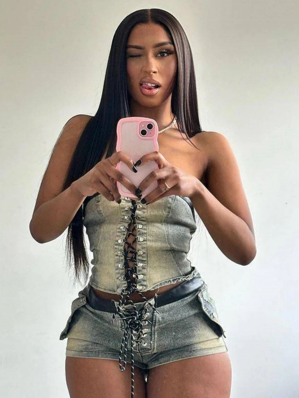 FZ Women's Strapless Lace-Up Slim Two-Piece Denim Shorts Suit - FZwear