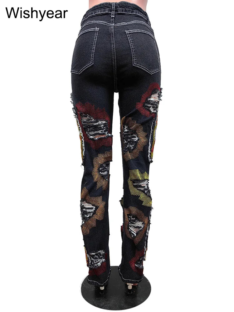 FZ Women's Embroidery Print Hole Stretch Cargo Denim Pants DSers