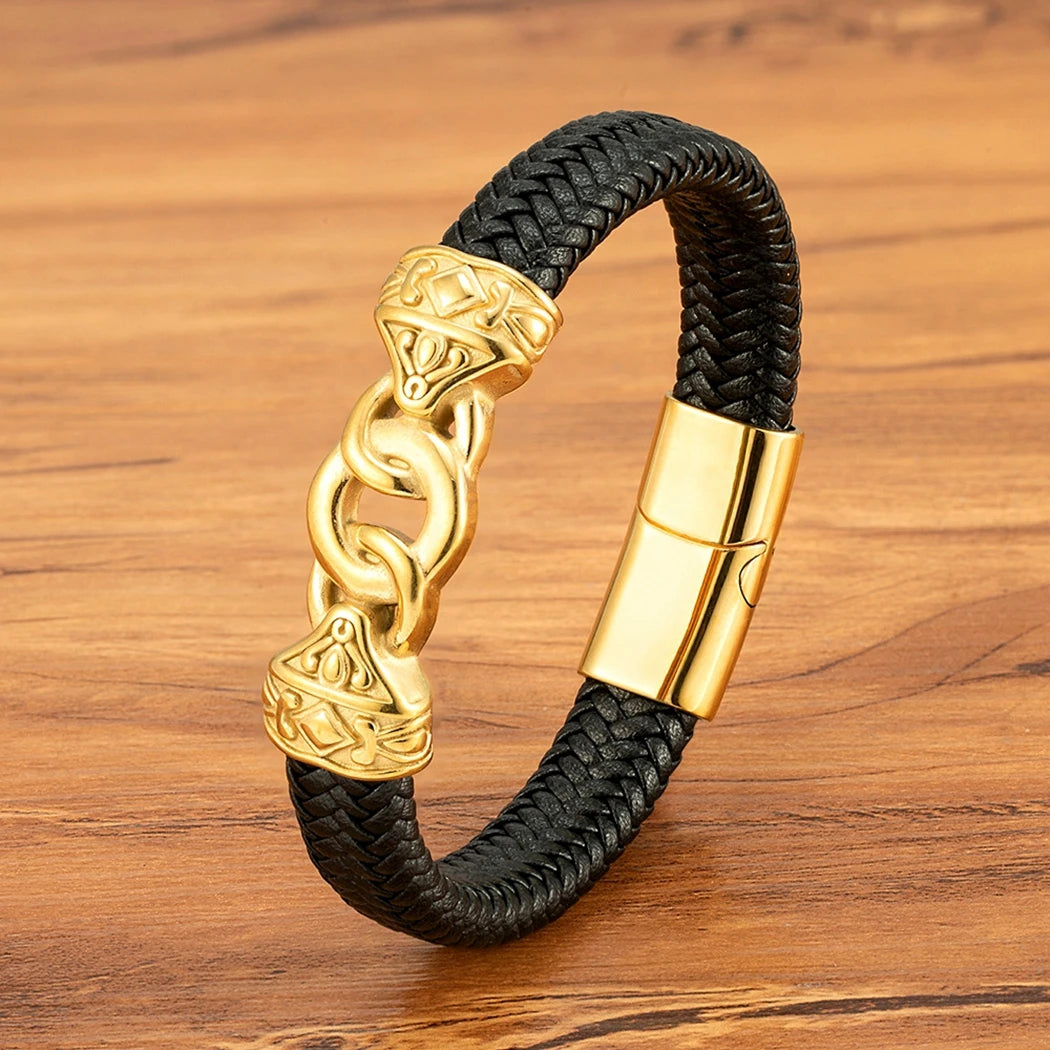 FZ Men's Stainless Steel Interlocking Leather Braided Bracelets