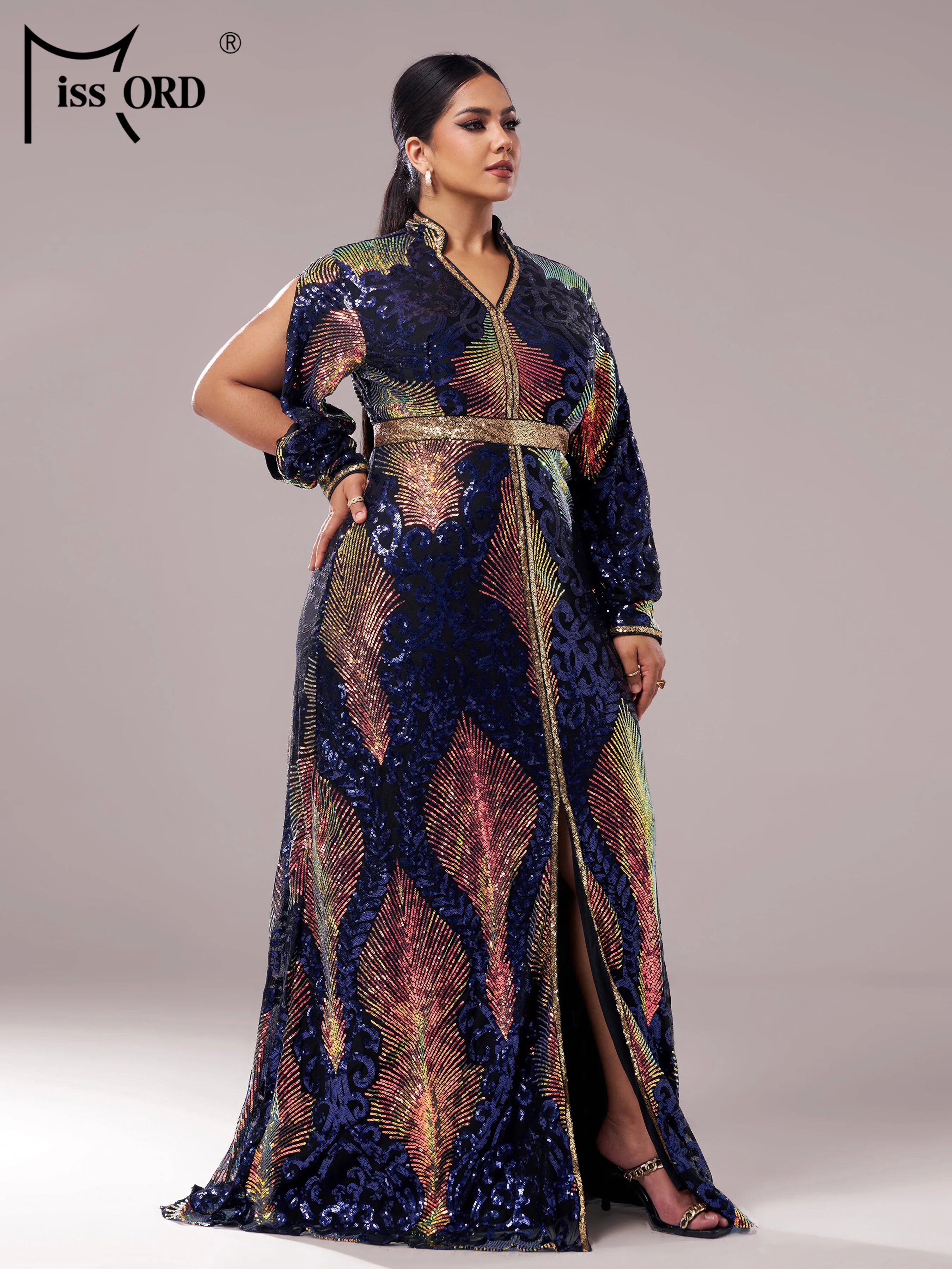 FZ Women's Plus Size V Neck A Line Sequin Evening Dress