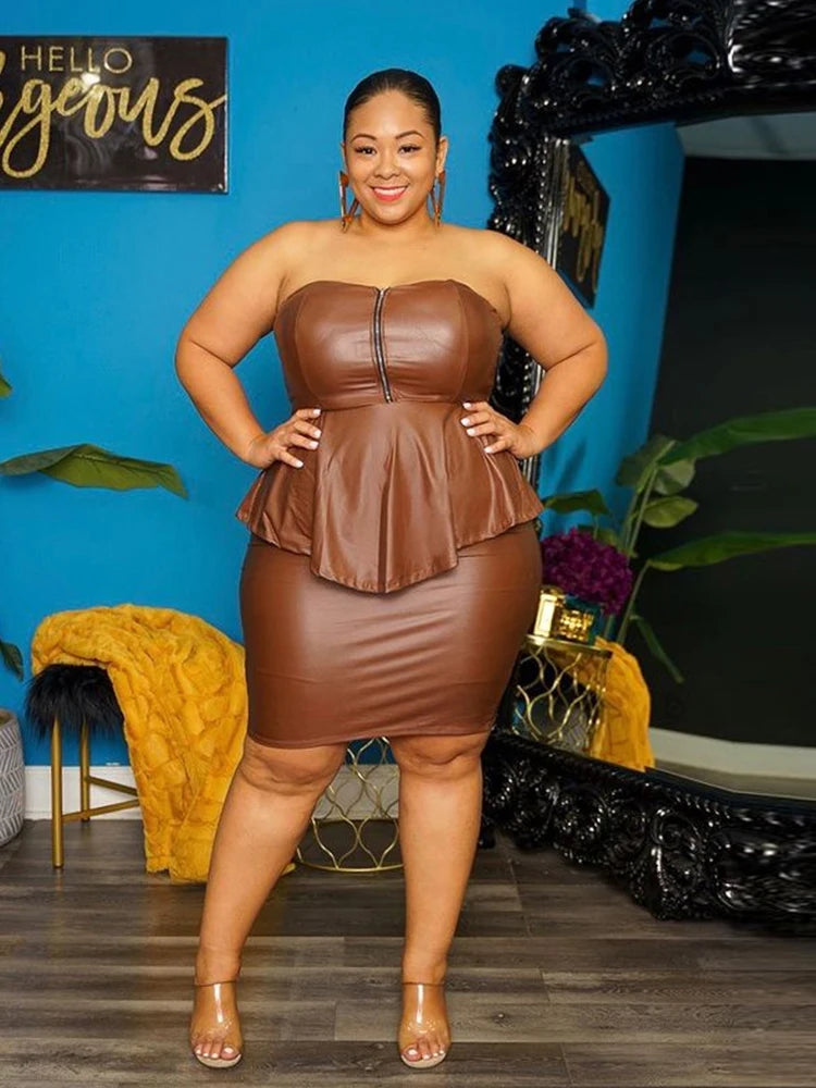 FZ Women's Plus Size Leather Pu Strapless 2 Pieces Skirt Suit
