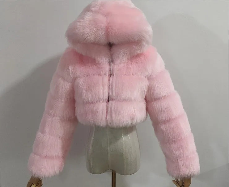 FZ Women's Faux Fur Thick Warm Hooded Open Stitch Short Coat Jacket