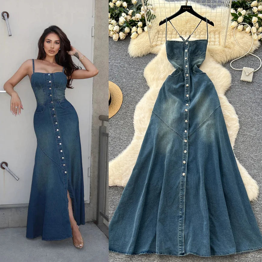 FZ Women's Sling Strapless A Line Streetwear Sleeveless Denim Dress