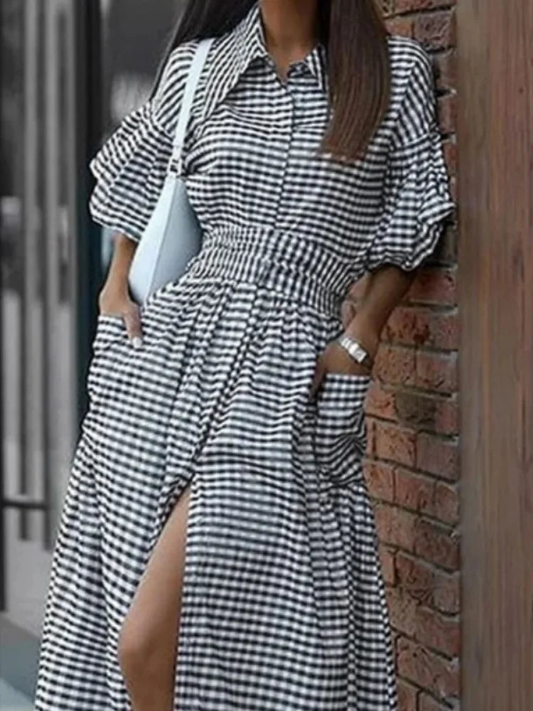 FZ Women's Printed Puff Sleeves High Waist Split Maxi Shirt Dress