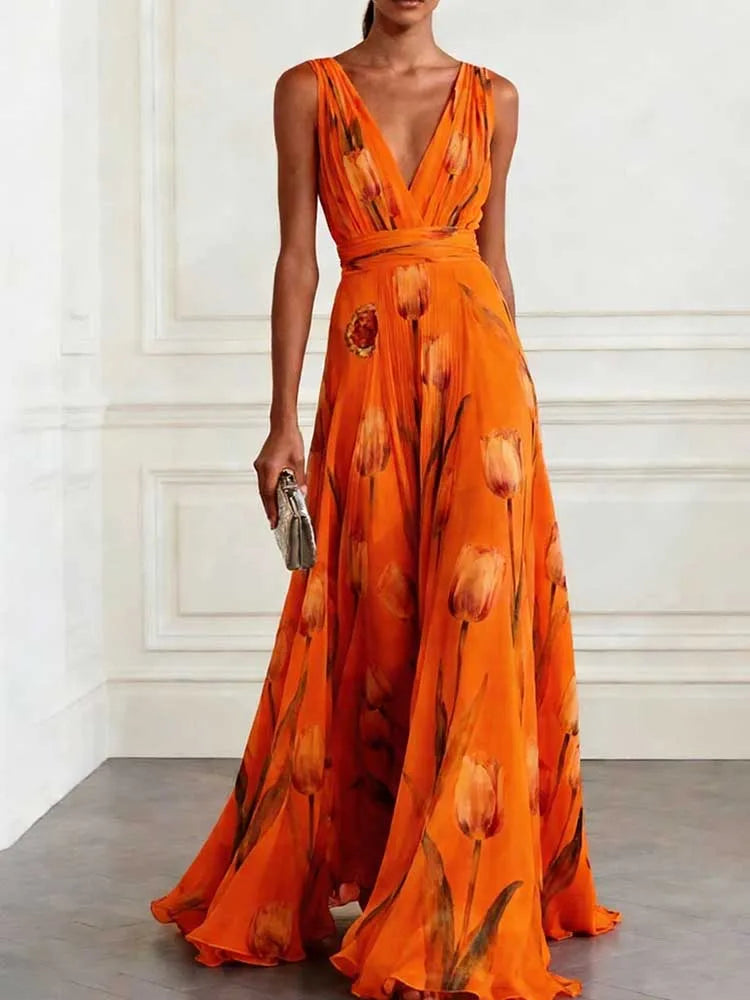 FZ Women's Chic Deep V-neck Sleeveless Floral Sundress