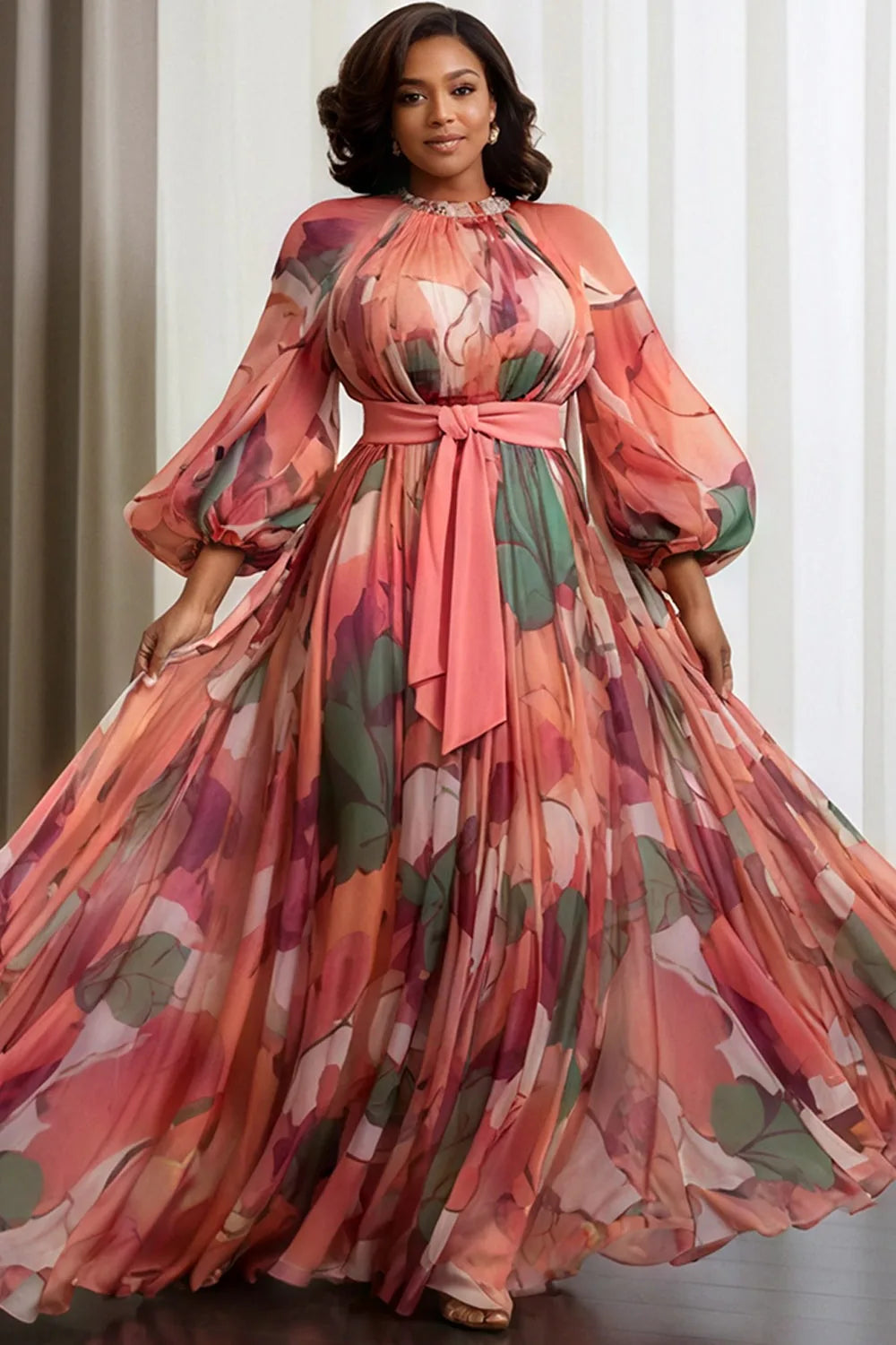 FZ Women's Plus Size Multicolor Floral Lantern Sleeve Pleated Chiffon Maxi Dress