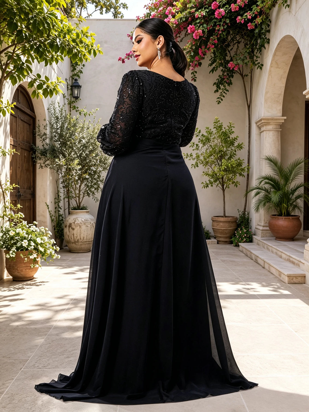 FZ Women's Plus Size Draped Square Neck Sequin Lace Evening Dress