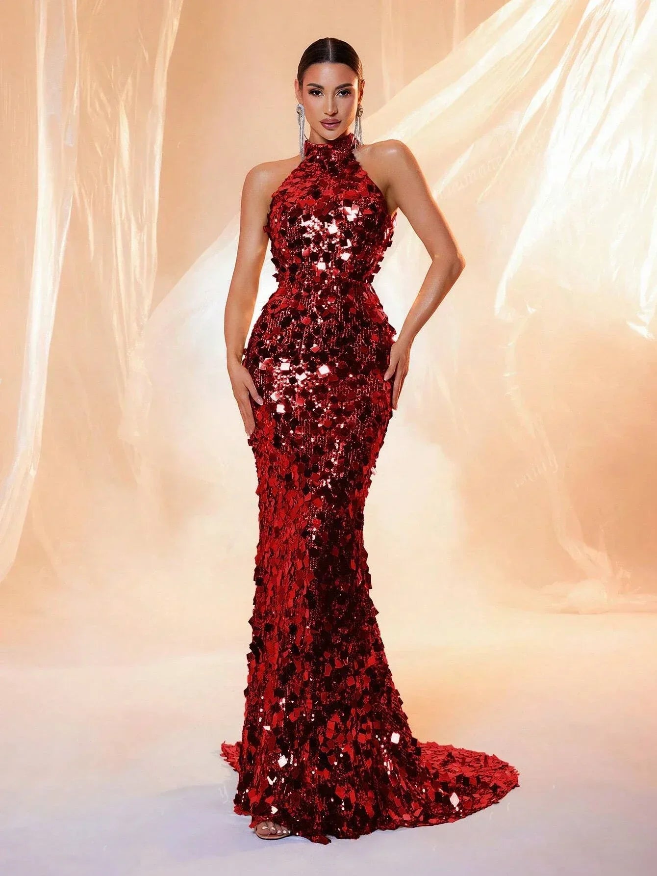 FZ Women's Backless Sequins Halter Neck Maxi Evening Dress