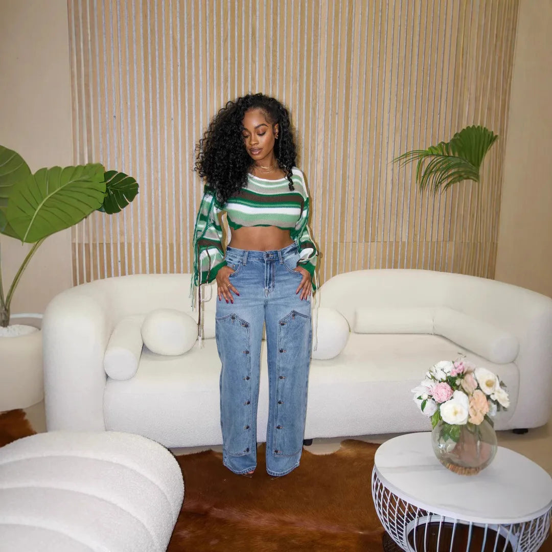 FZ Women's Splice High Waist Streetwear Loose Denim Pants