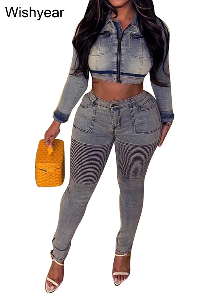 FZ Women's Blue Long Sleeve Ruched Patchwork 2 Piece Pencil Denim Pants Suit