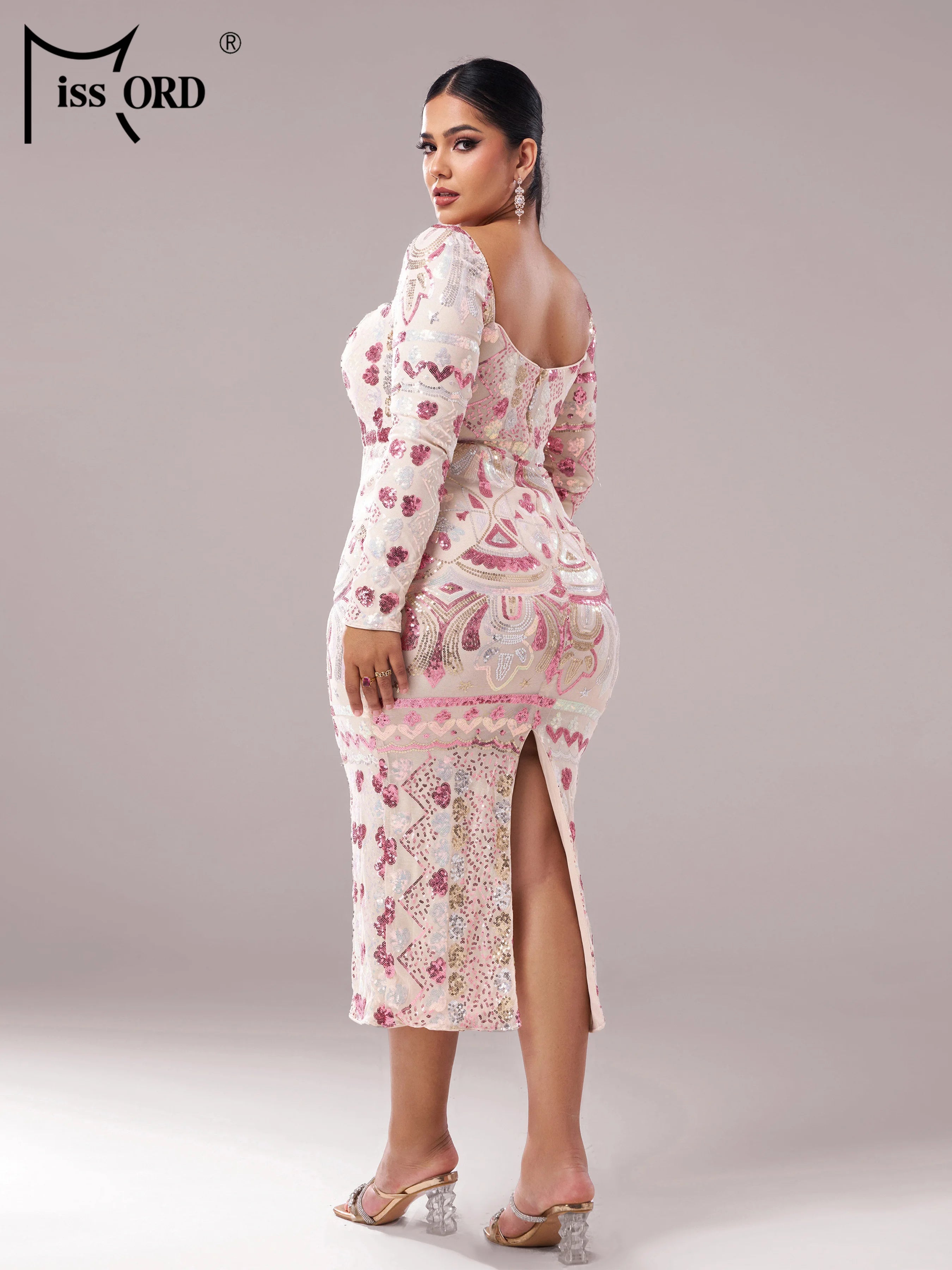 FZ Women's Plus Size Square Neck Geometric Sequin Mid Length Evening Dress