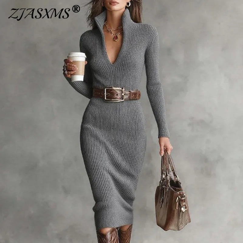 FZ Women's Solid Ribbed Deep V Neck Hollow Sleeve Knitted Sweater Dress