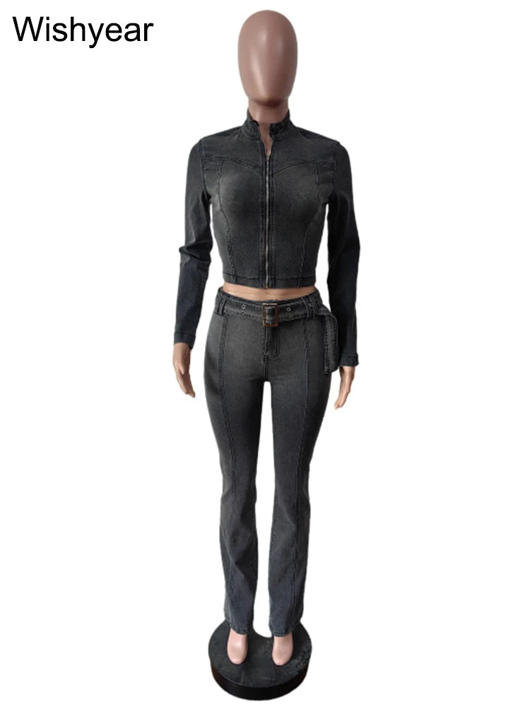 FZ Women's Vintage Gray Stretch Pencil 2-Piece Denim Pants Suit