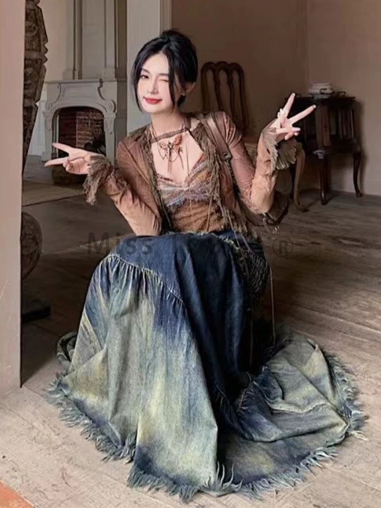 FZ Women's Patchwork Fishtail High Waist Retro Vintage Denim Skirt DSers