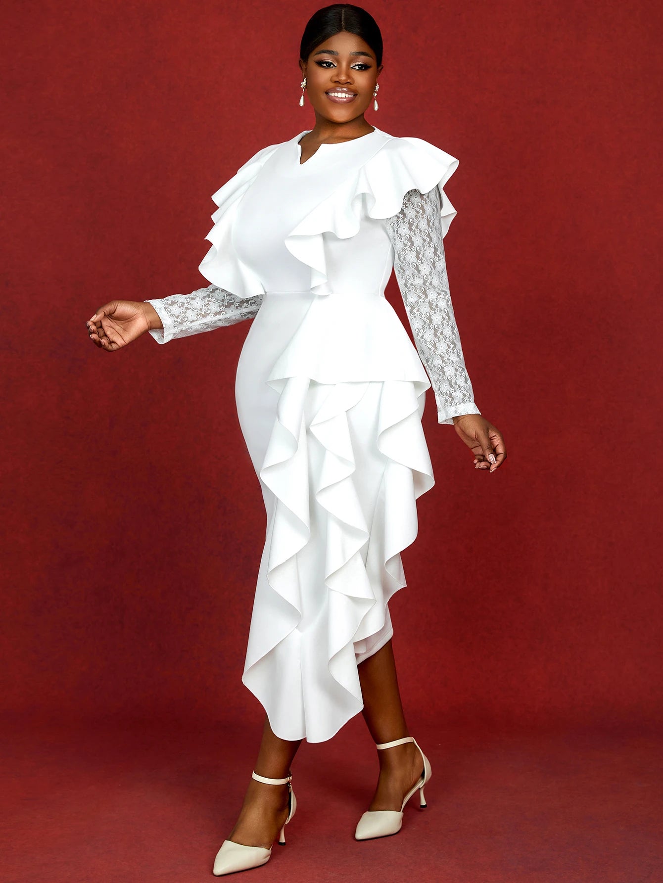 FZ Women's Lace Knit Long Sleeve Ruffle Trim Evening Dress