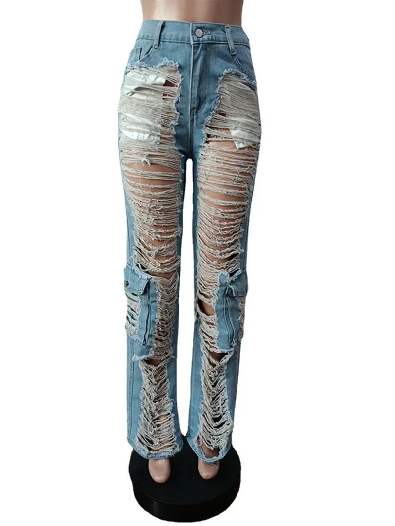 FZ Women's Hollow Out Broken Holes Patchwork High Waist Denim Pants
