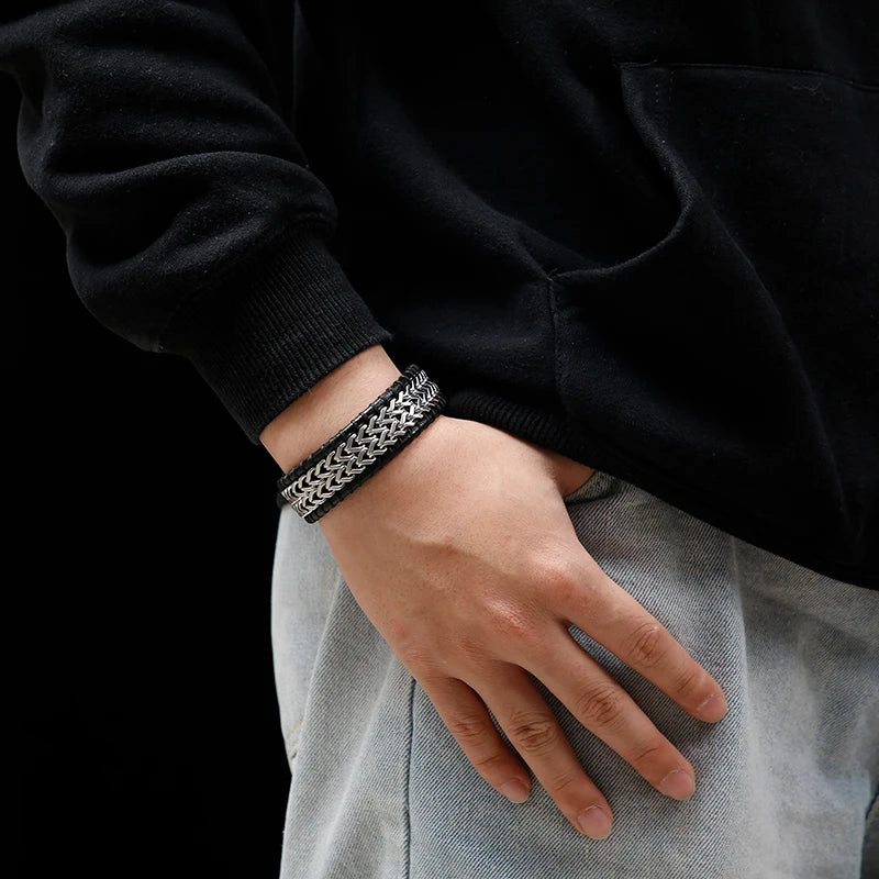 FZ Mesh Wide Stainless Steel Cowhide Leather Bracelet - FZwear