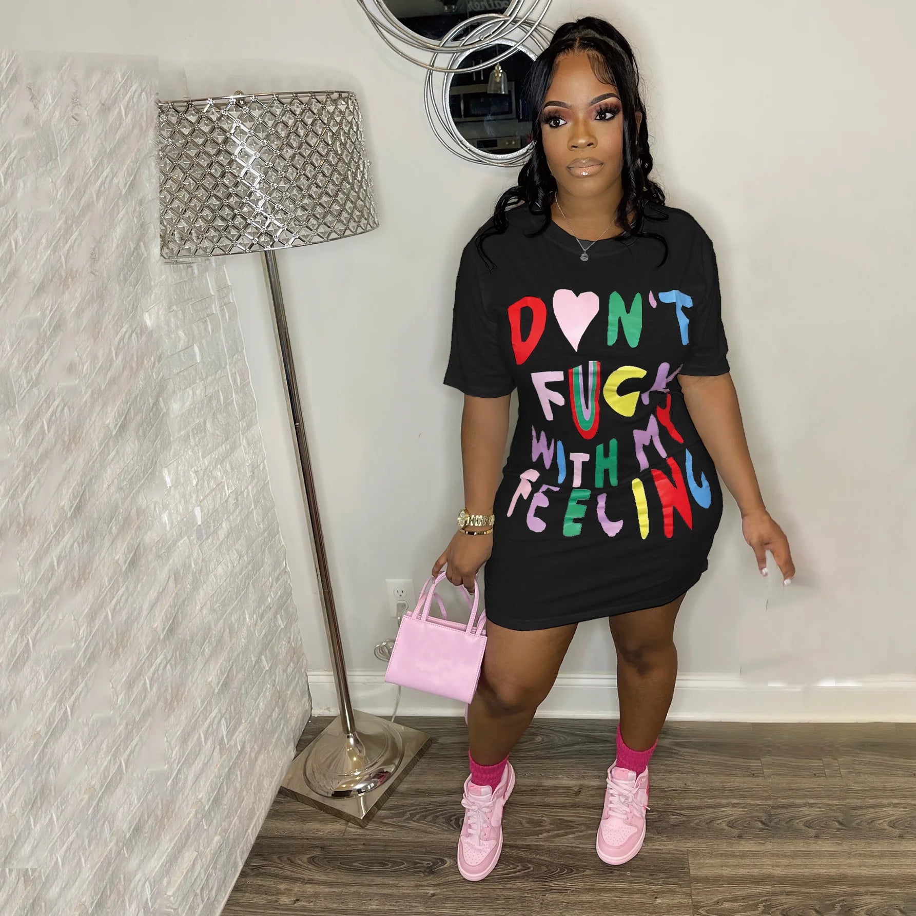 FZ Women's Stylish Multicolor Contrasting Letter Oversized Tee