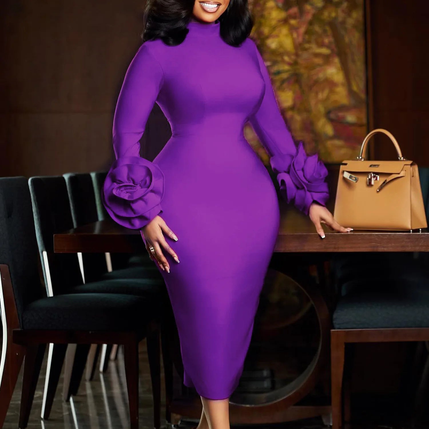 FZ Women's 3D Flower Long Sleeve Half High Collar Dress