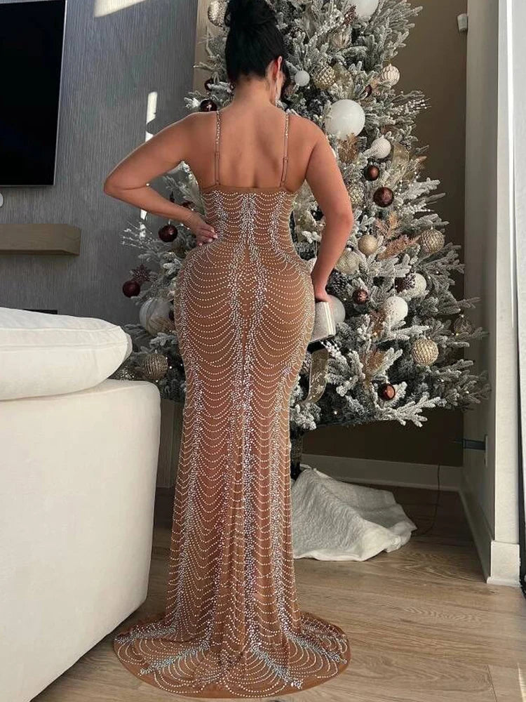 FZ Women's Rhinestones Décor Maxi Sparkle Crystal Cocktail Evening Dress - FZwear