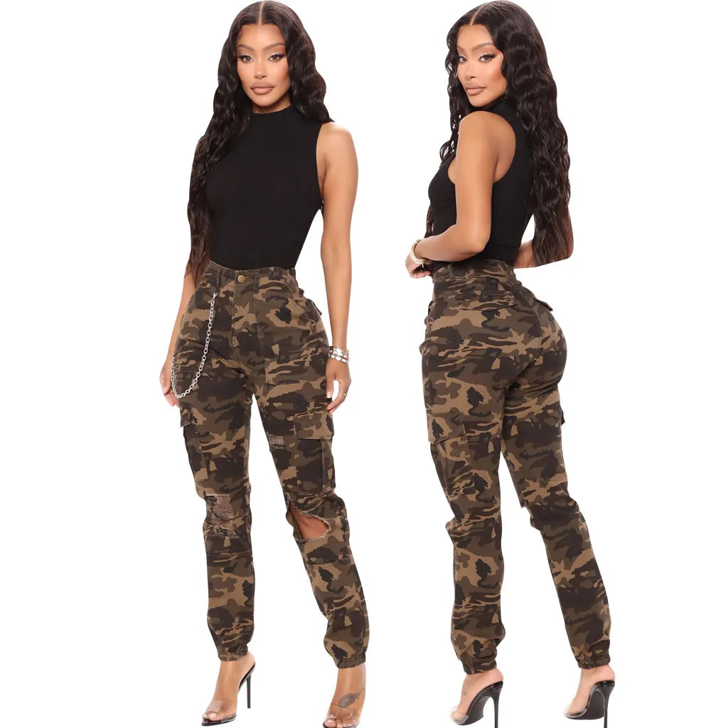 FZ Women's Hollow Out Ripped High Waist Stretch Camouflage Denim Pants - FZwear