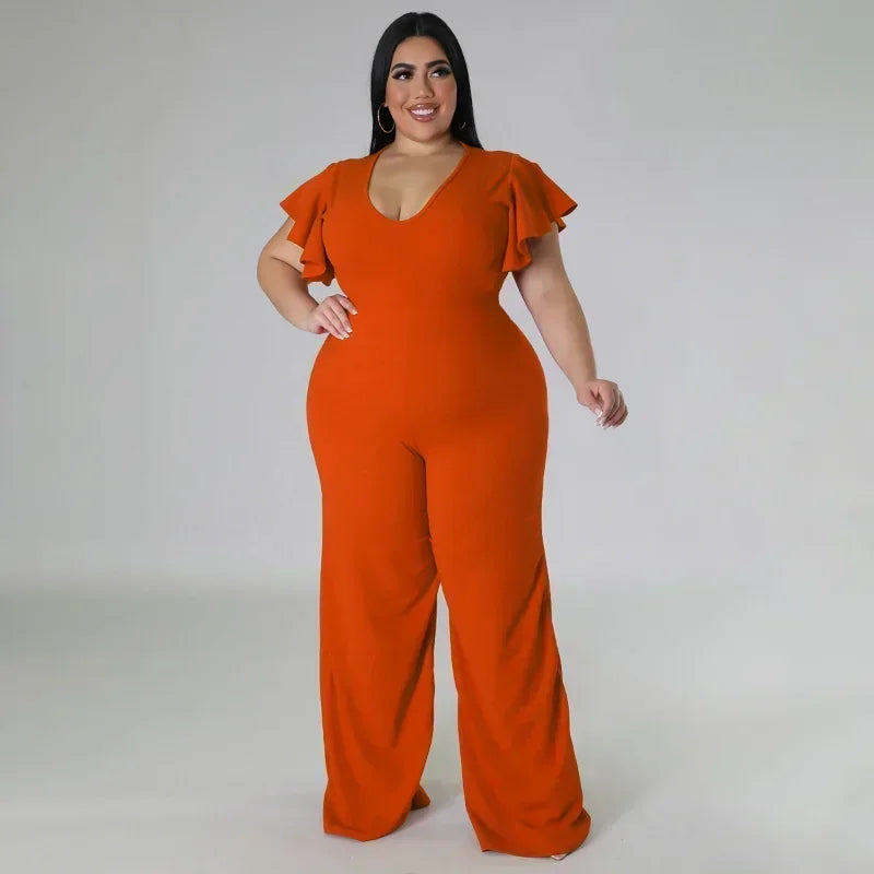 FZ Women's Plus Size V-neck Ruffles Sleeve High Waist Wide Leg Straight Jumpsuit