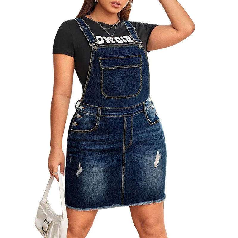 FZ Women's Plus Size Streetwear Ripped Raw Hem Overall Denim Dress