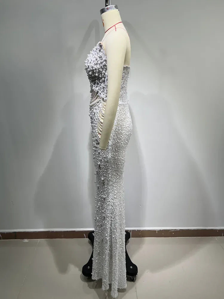 FZ Women's Luxury Sexy Strapless Backless Pearl Sequins Maxi Evening Dress - FZwear