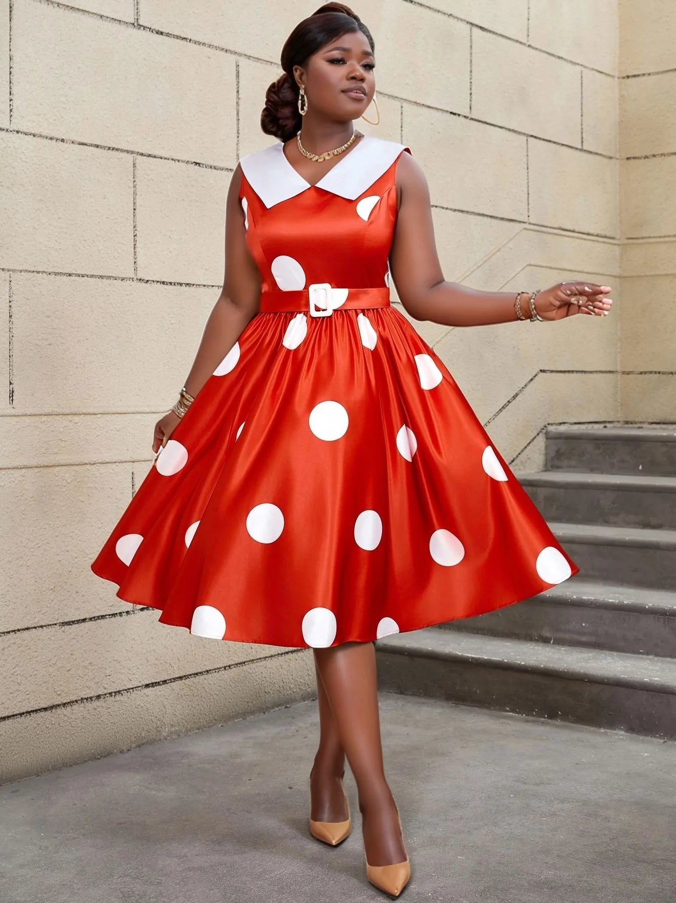 FZ Women's Plus Size Polka Dot Sleeveless A Line Dress