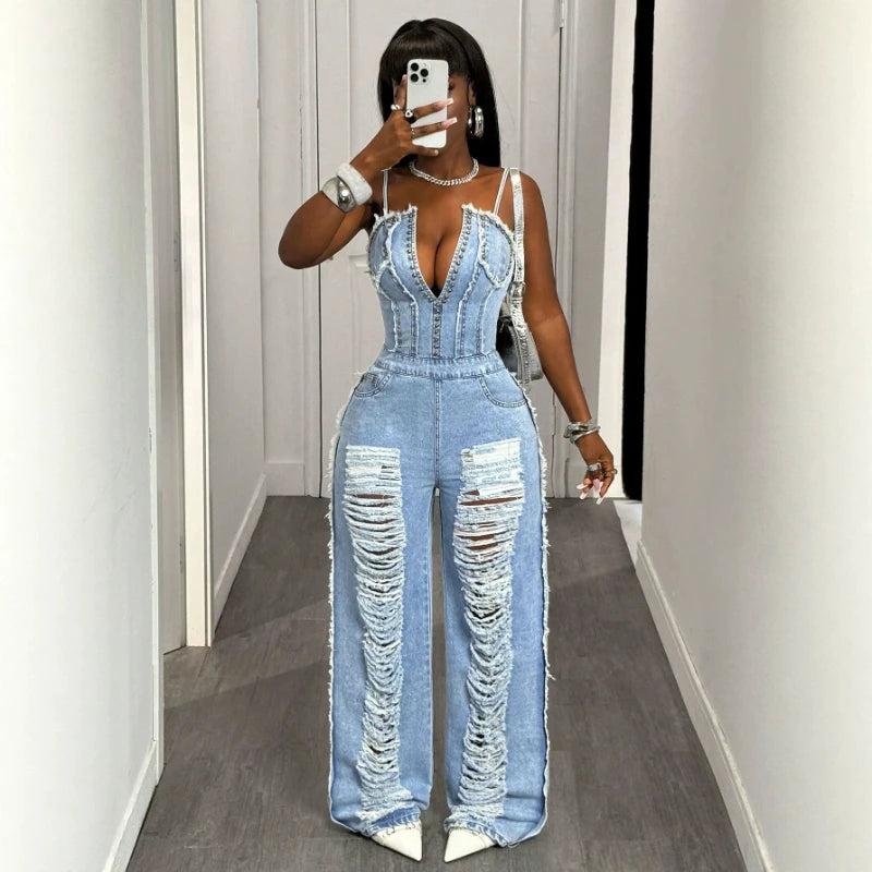 FZ Women's One Piece Strapless Sleeveless Tight Waist Streetwear Denim Jumpsuit