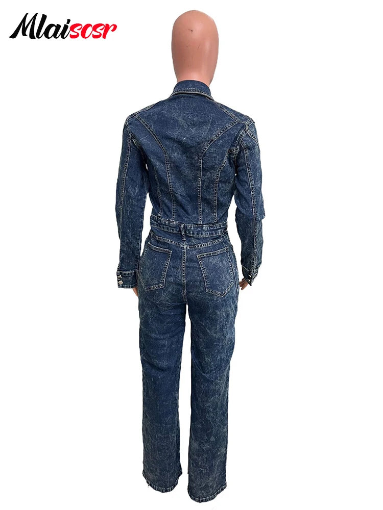 FZ Women's Turn Down Collar Full Sleeve Loose Wide Leg Denim Jumpsuit