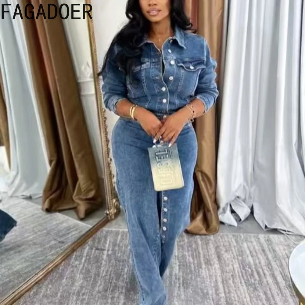 FZ Women's Solid Color Single Breasted Streetwear 2 Pieces Denim Pants Suit