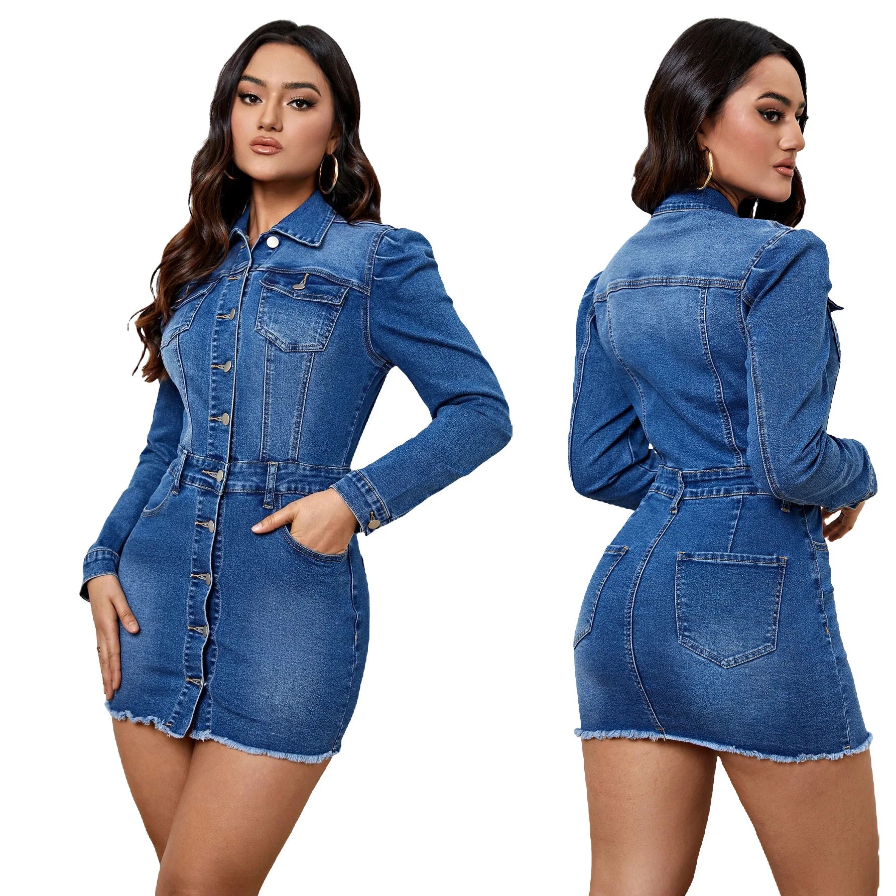 FZ Women's Turn Down Collar Elegant Blue Mini Skater Sexy Denim Dress DSers