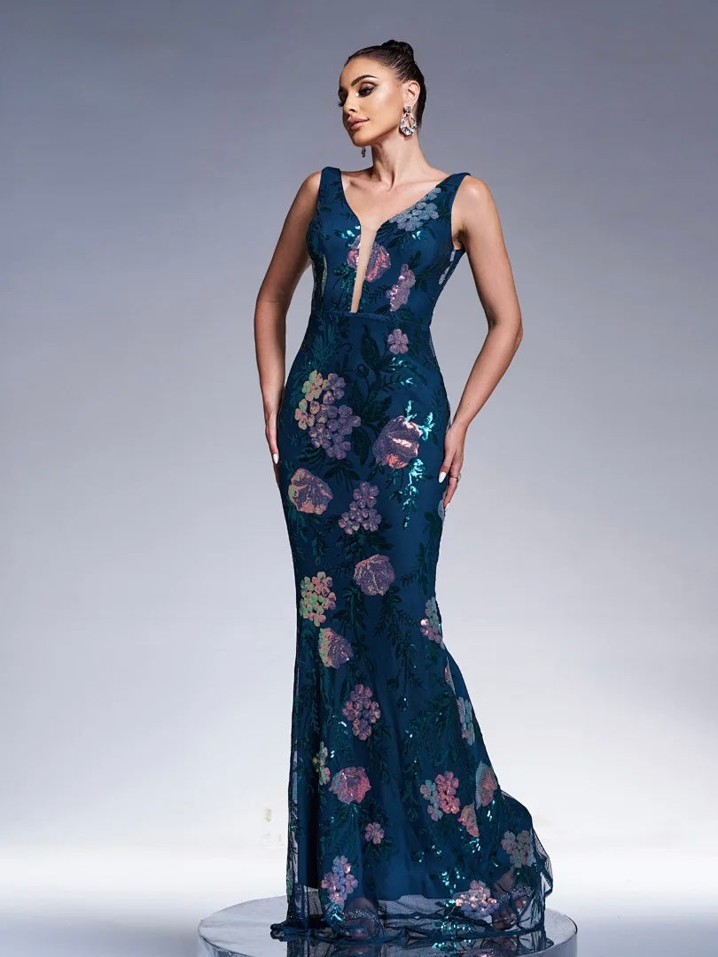 FZ Women's V Neck Sleeveless Sequin Mermaid Evening Dress