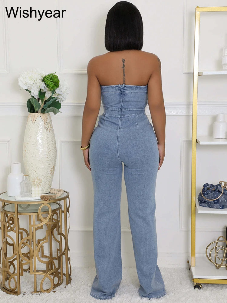 FZ Women's High Waist Hollow Out Wide Leg Off Shoulder Backless Denim Jumpsuit
