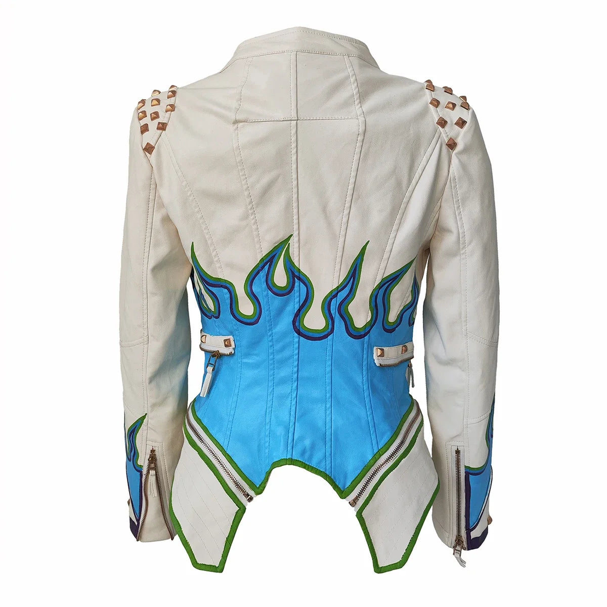 FZ Women's Flame Painting Faux Leather Studded Moto Streetwear PU Jacket