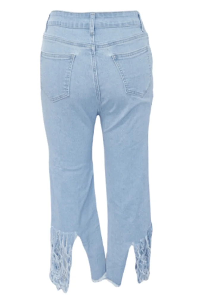 FZ Women's Straight Leg Pocket Ripped High Waisted Denim Pants