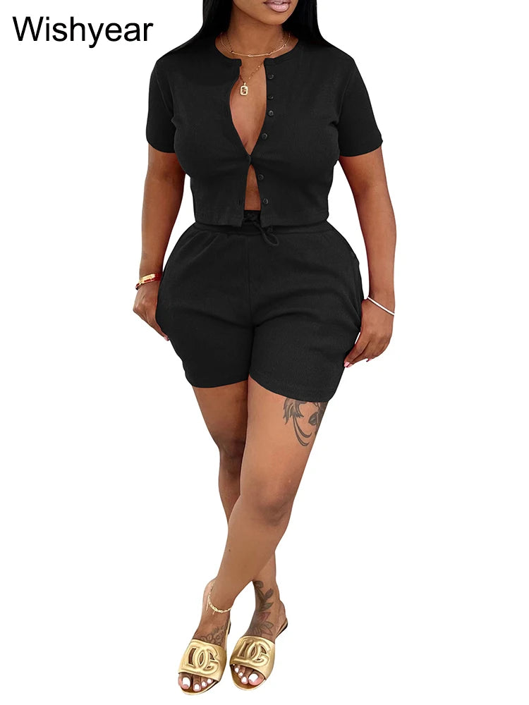 FZ Women's Casual Two Piece Short Sleeve Rib Hot Shorts Suit