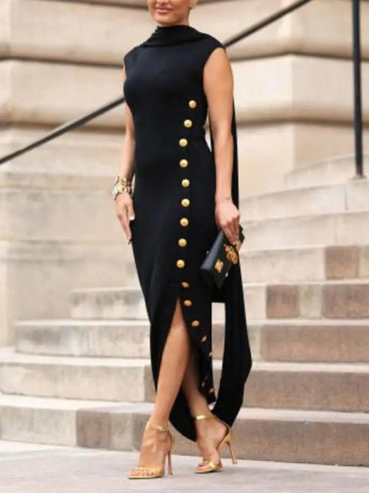 FZ Women's Buttoned Shawl Collar Sleeveless Split-Side Evening Dress