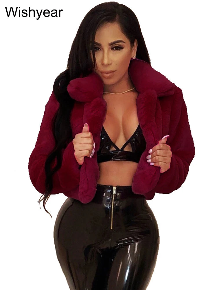 FZ Women's Faux Fur Open Stitch Lapel Crop Winter Fluffy Jacket