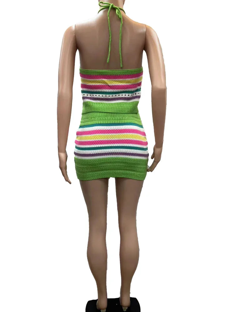 FZ Women's Striped Knitting Halter Lace-Up Two Piece Skirt Suit