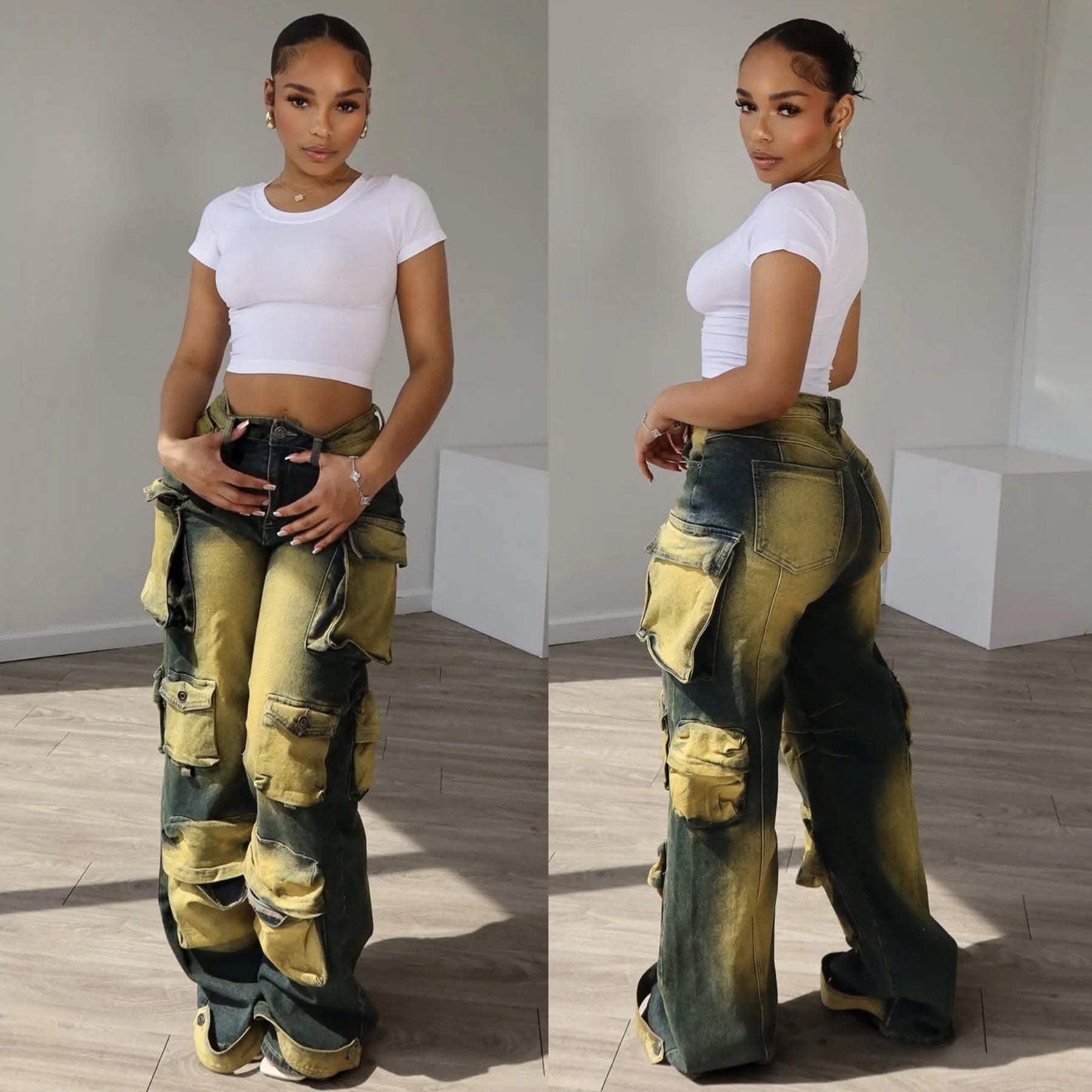 FZ Women's Tie Dye High Waist Y2K Streetwear Cargo Denim Pants