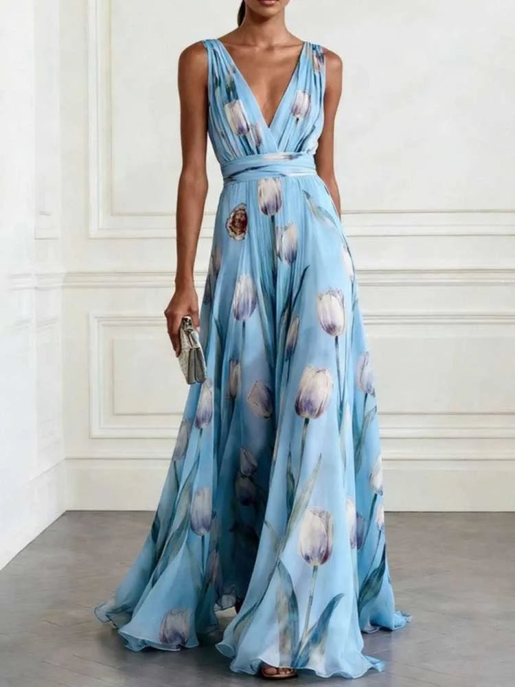 FZ Women's Chic Deep V-neck Sleeveless Floral Sundress