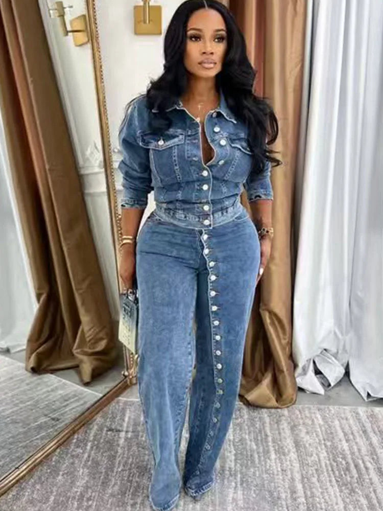 FZ Women's Streetwear Single-breasted Button 2 Piece Wide Leg Denim Pants Suit